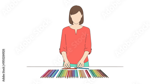 Coloring Creation: An individual stands at a table, meticulously arranging a spectrum of colored pencils, creating a visual symphony of artistic possibilities, inviting a journey into creativity