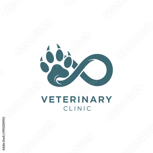 Veterinary clinic symbol with animal paw and infinity sign showing endless care for pets
