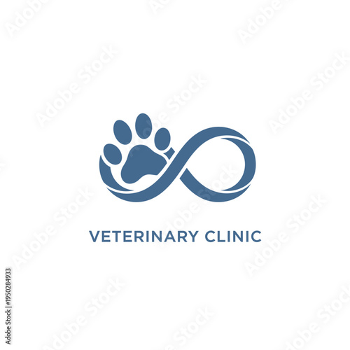 Minimalist veterinary clinic logo with blue paw print integrated into infinity loop shape