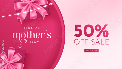 Happy Mothers Day Sale banner, poster, card, holiday cover, flyer design in 3d realistic style with Gift boxes. Mothers Day Sale Banner Design.