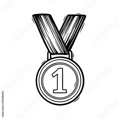 Gold medal with number one and a ribbon in sketch style  