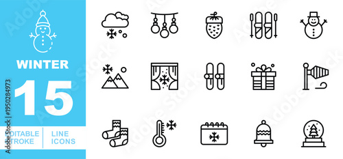 Winter Season & Cold Weather Icons. Editable stroke vector icons for holiday and outdoor activities. Featuring snowmen, skiing gear, winter clouds, gift boxes, wool socks, thermometers, snow globes
