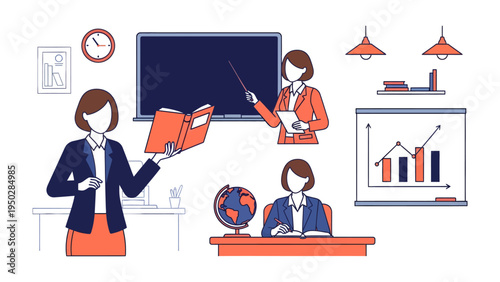 Knowledge and Learning: A visual representation of a teacher engaging students, with a focus on education, classrooms, and knowledge-sharing. 