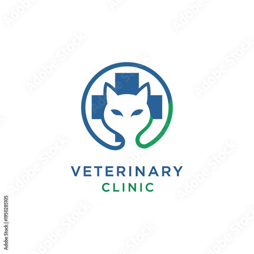 Veterinary clinic logo featuring blue cat silhouette with medical cross and circular frame