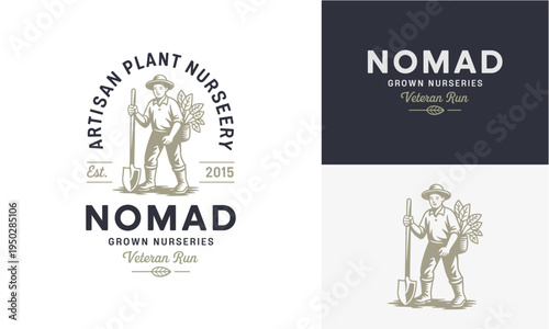 Nomad Artisan Plant Nursery Vintage Logo Design Featuring a Gardener with a Shovel