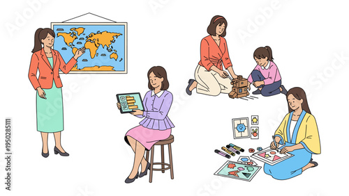 Education and Caregiver Dynamics: A teacher engaging students, a mother nurturing a child, and an educator guiding through playful learning moments, conveying the essence of education and tender care.