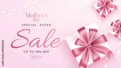 Happy Mothers Day Sale banner, poster, card, holiday cover, flyer design in 3d realistic style with Gift boxes. Mothers Day Sale Banner Design.