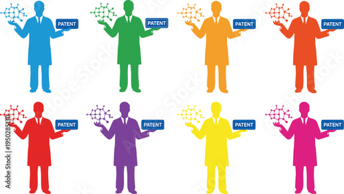 Eight scientists in colorful lab coats holding patent signs and molecules Keywords: scientist, patent, molecule, science