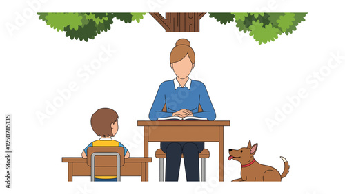 Classroom under Tree: A dedicated educator leads a lesson outdoors, engaging with a student and a furry friend in a nature-inspired setting, promoting learning and a love of nature.