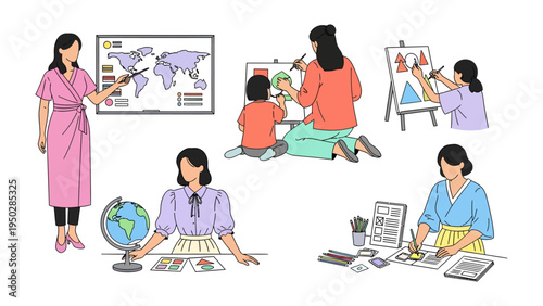 Moments of Learning and Creation: A collection of scenes showcasing nurturing and learning with moments of guidance and creativity.