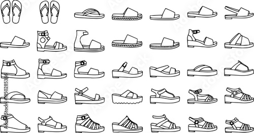 Collection of various sandal types in black line art style
