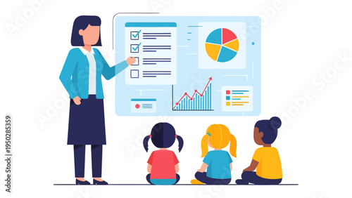 Education and Exploration: A dedicated teacher leads a group of young learners in an engaging educational session, revealing colorful charts and insightful graphs to nurture intellectual growth.