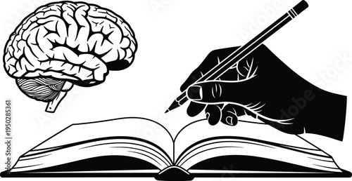 Human Brain Open Book and Hand Writing with Pencil Silhouette vector illustration