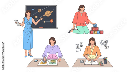 Women in Education and Play: A set of illustrations showcasing a woman engaged in different roles within an educational or playful environment. From teaching astronomy.