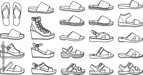 Collection of various sandal types in black line art style
