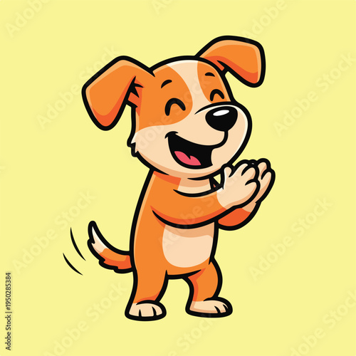 Happy dog on hind legs waving with paw
