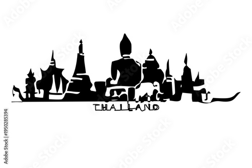 Minimal black silhouette of Bangkok, Thailand featuring temples, pagodas, and Buddha statue forming a cultural skyline. Modern abstract vector design ideal for prints, textiles, wallpapers, posters, a