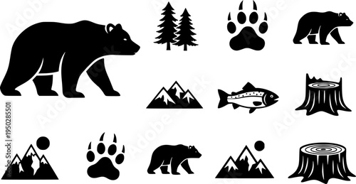 Bear and nature icons: bear, paw, fish, mountain, tree stump designs
