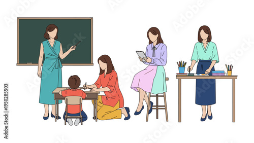 Educators at Work: Capturing a classroom scene with the teacher and the student, illustrating various tasks.