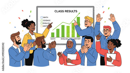 Classroom Victory: A team of diverse students and educators celebrate academic achievements, highlighting progress and success with an animated class results chart.
