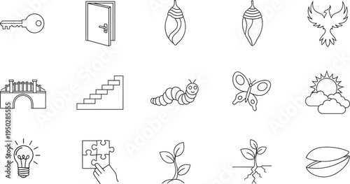 Collection of fifteen minimalist hand drawn icons featuring nature and abstract concepts