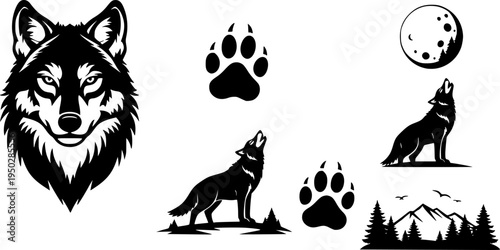 Wolf icons: head, standing, howling, paw print, moon, landscape
