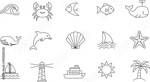 Collection of ocean and nautical themed icons featuring sea creatures and maritime symbols.