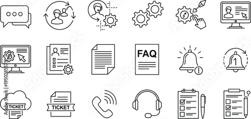 Set of Customer Support, Ticketing, and FAQ Icons in Line Art Style for Help Desk, Service Management, and Call Center Solutions