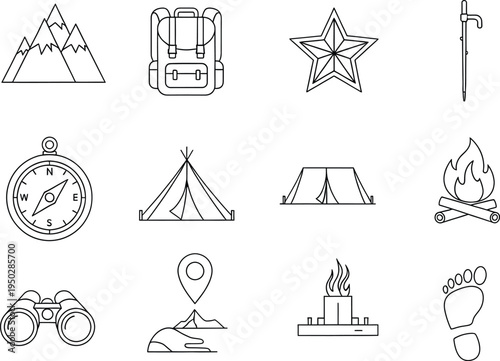 Collection of black and white line icons representing various camping and hiking activities