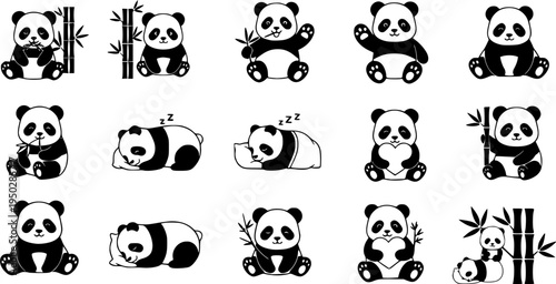 Cute panda icons collection featuring various adorable poses and bamboo motifs

