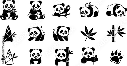 Cute panda icons collection featuring various adorable poses and bamboo motifs
