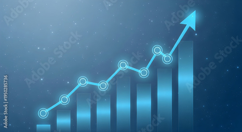 A glowing blue digital bar chart showing a steady upward growth trend on a dark background visual