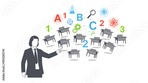 Teaching Imagination: A thoughtful educator engages with an array of abstract, colorful learning elements, sparking curiosity and a thirst for knowledge.