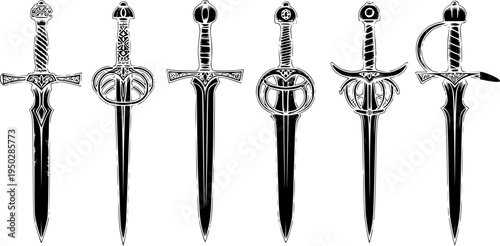 Six distinct ornate medieval swords in black and white illustration
