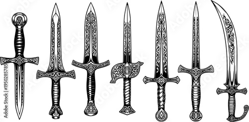 Six distinct ornate medieval swords in black and white illustration
