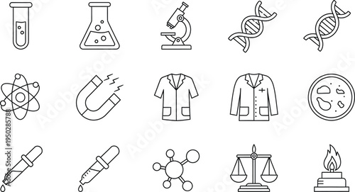 Collection of science and laboratory line icons featuring equipment like beakers and microscopes
