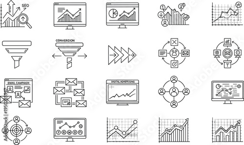 Set of Digital Marketing, Conversion Funnel, and SEO Analytics Icons in Line Art Style for Business Growth and Email Campaigns