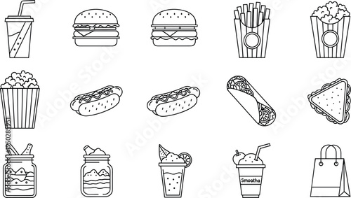 Set of Fast Food, Drinks, and Snack Icons in Line Art Style for Burger, Fries, and Beverage Illustrations