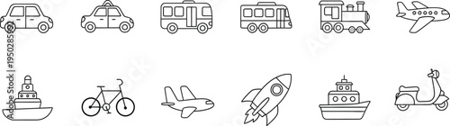 Collection of simple black and white line art icons representing various modes of transportation.