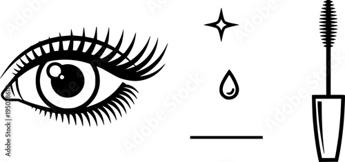 Mascara application icons: eye, lashes, brush, star, drop, line art
