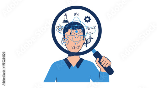 Scientific Inquiry: An illustrated person holds a magnifying glass revealing a complex array of science symbols and concepts, depicting the pursuit of knowledge.