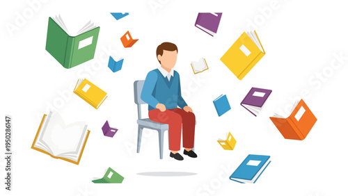 A World of Literature: A person is immersed in a whirlwind of books, a vibrant visual metaphor for the power of reading and the world of knowledge.