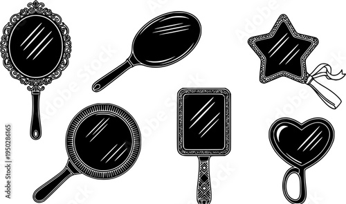 Collection of six hand mirrors with various designs and shapes
