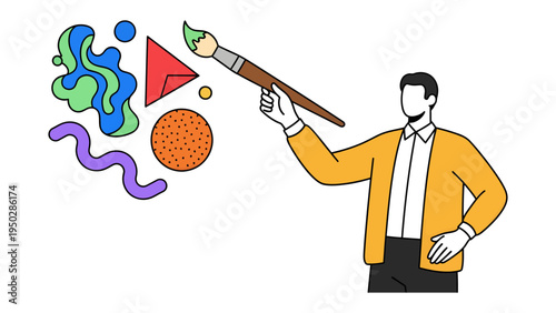 Creative Expression: A visual artist, poised with a paintbrush, brings vibrant shapes and colors to life, illustrating the boundless realm of creative imagination.