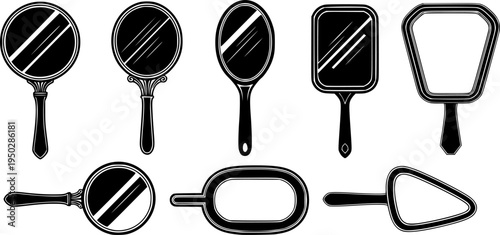 Collection of six hand mirrors with various designs and shapes
