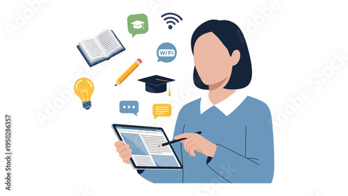 Digital Learning Environment: A student is immersed in a digital learning environment, utilizing a tablet to access educational resources.