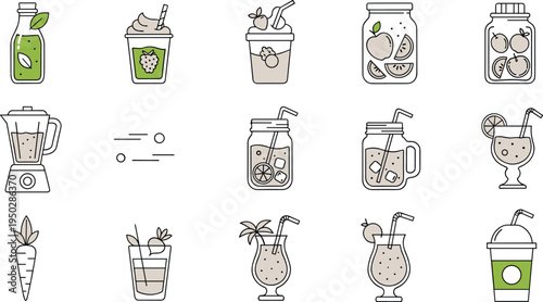 Set of Fresh Juice, Smoothie, and Drink Icons in Line Art Style for Healthy Lifestyle and Refreshing Beverage Illustrations