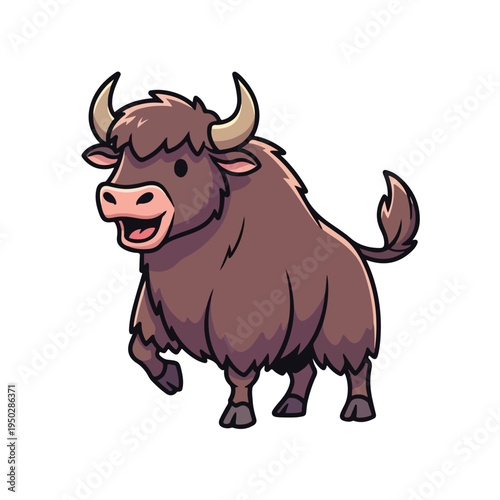 Cartoon yak standing on white background with horns and shaggy fur