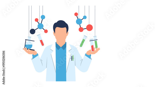 Scientific Explorer's Insight: A dedicated scientist meticulously examines beakers and test tubes, while intricately designed molecules hang above.