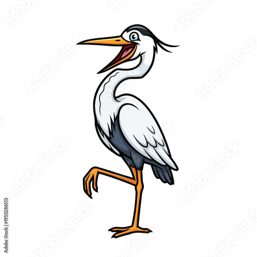 Cartoon heron bird standing on one leg looking sideways